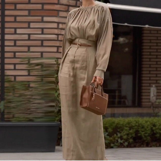Elegant French-style Long-sleeve Solid-color Shirt For Independent Online Stores Long Skirt