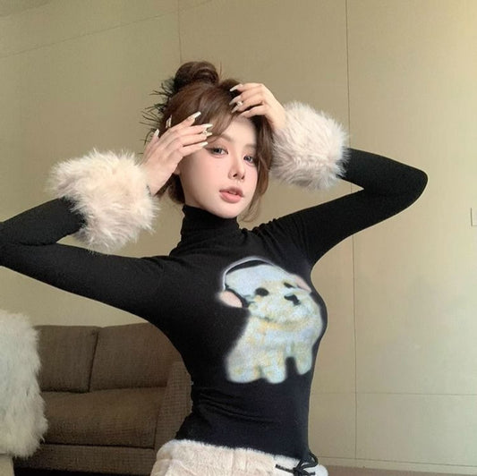 Sexy Alluring Miniature Dog-Print Turtleneck Long-Sleeve T-Shirt For Women