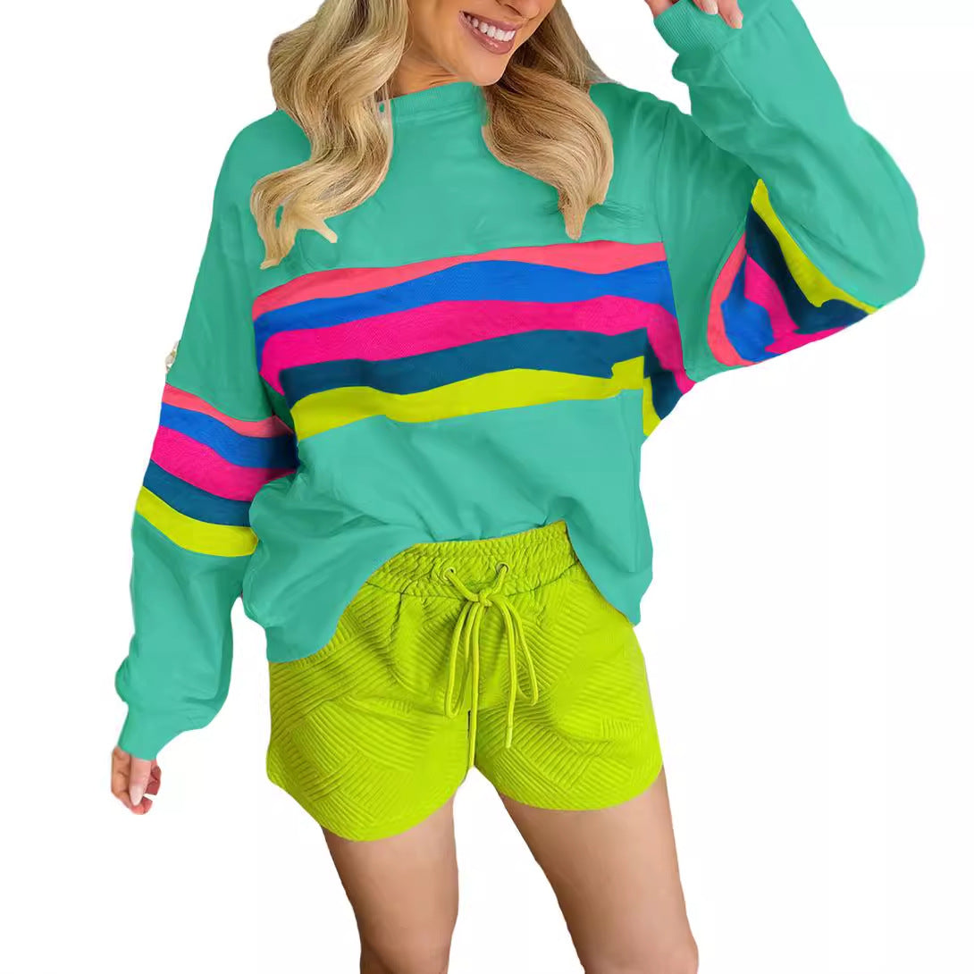 Casual Loose All-match Drop-shoulder Color Striped Round Neck T-shirt