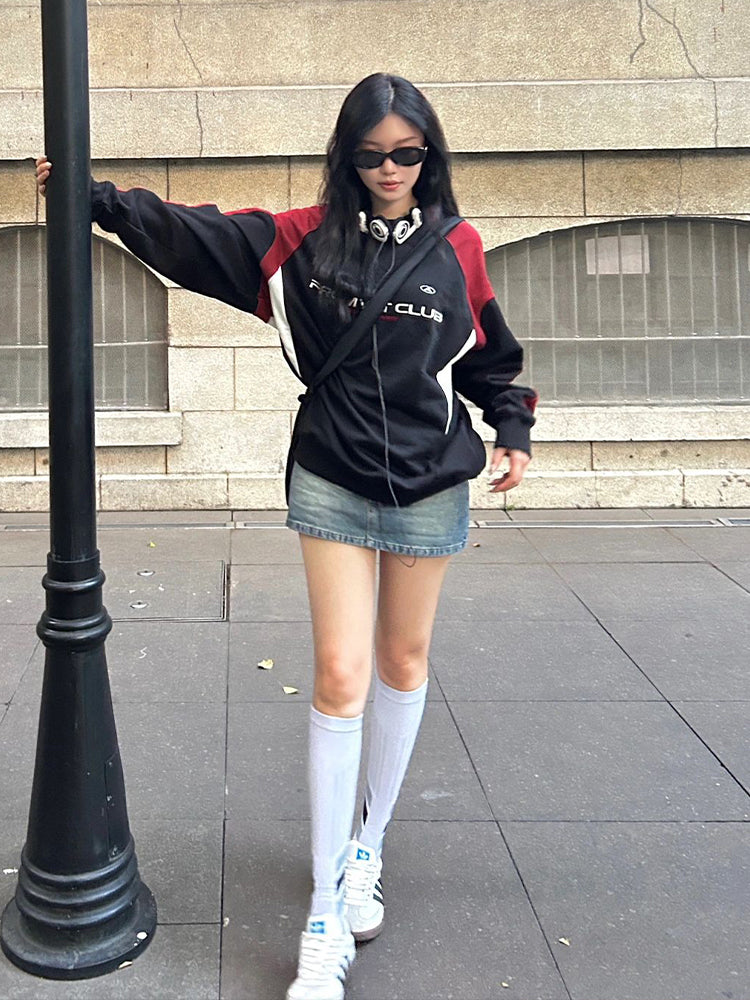 American Letter Embroidered Hiphop Sweater Loose Top
