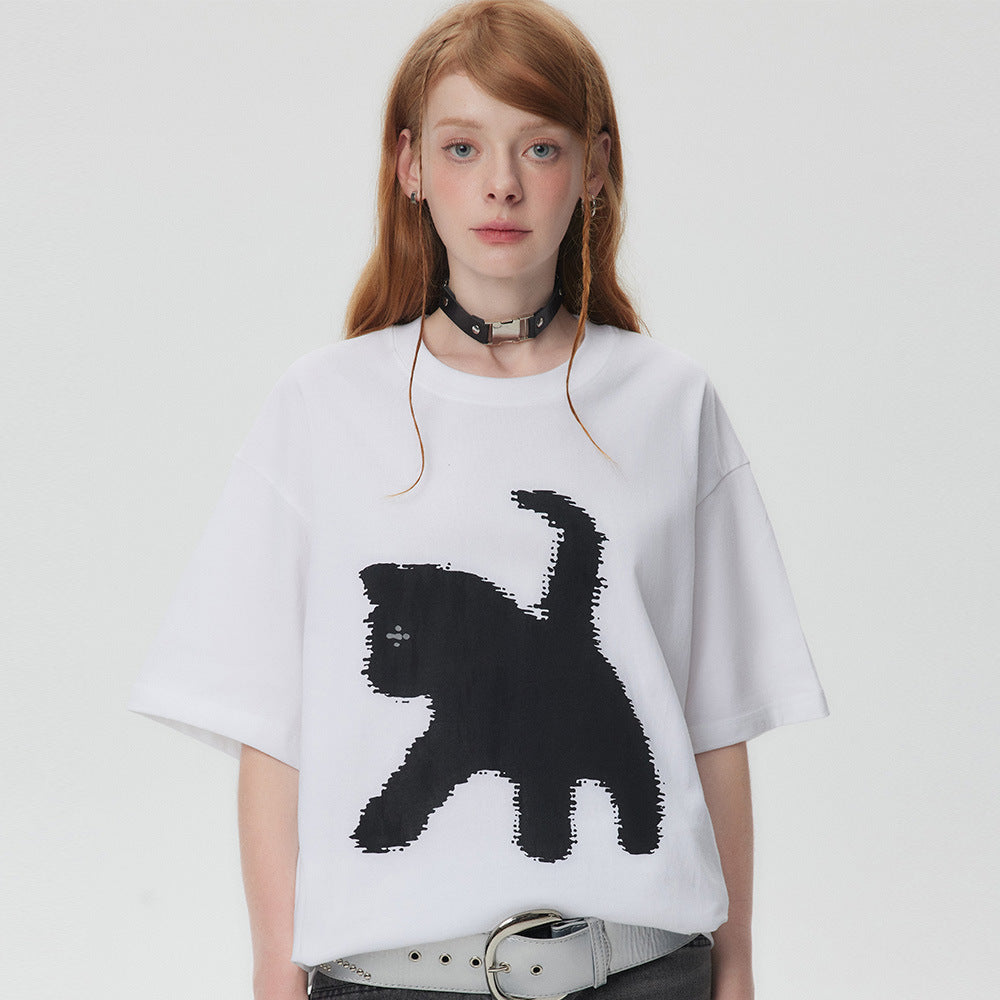 Women's Cartoon Silhouette Cat Printing Short-sleeved T-shirt