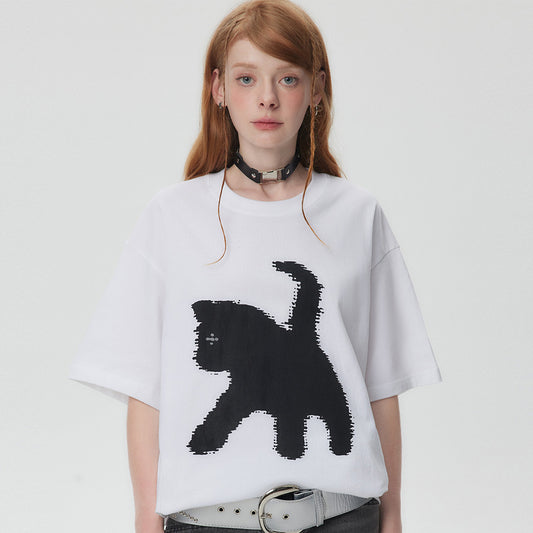 Women's Cartoon Silhouette Cat Printing Short-sleeved T-shirt
