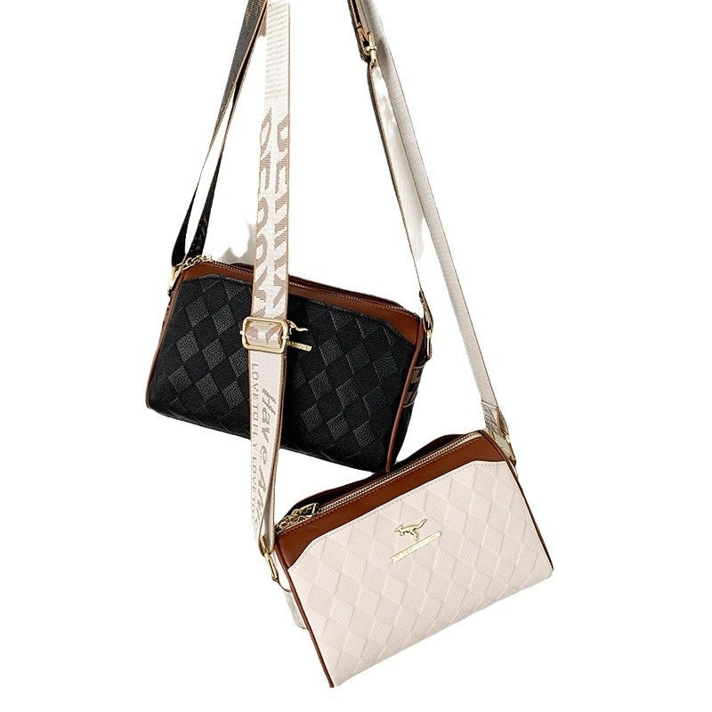 Women's Bag Chessboard Plaid One Shoulder Bag Wide Shoulder Strap Messenger Bag Retro Style Kangaroo Handbag Bags