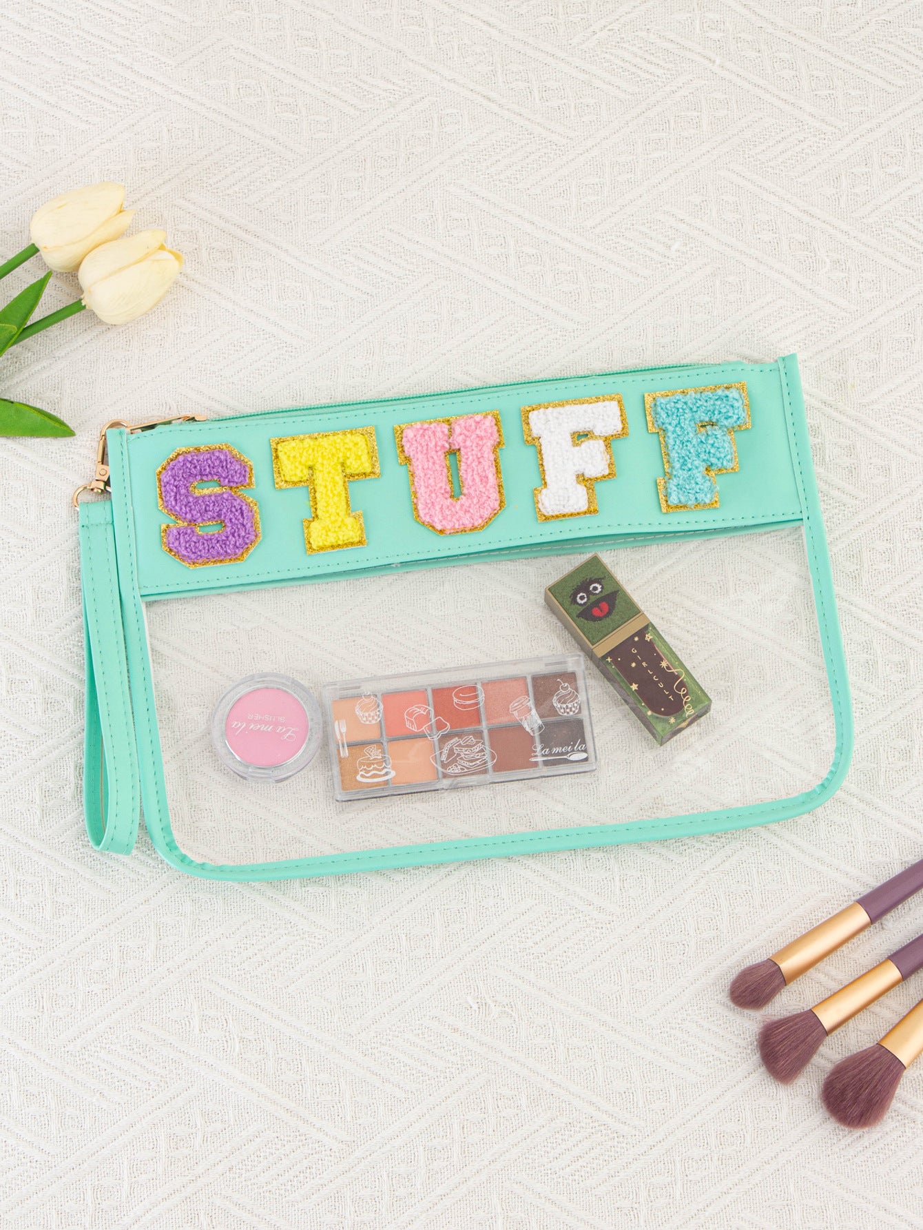 Snack Storage Bag Transparent Pvc Zipper Embroidery Lettered Make-up Bag