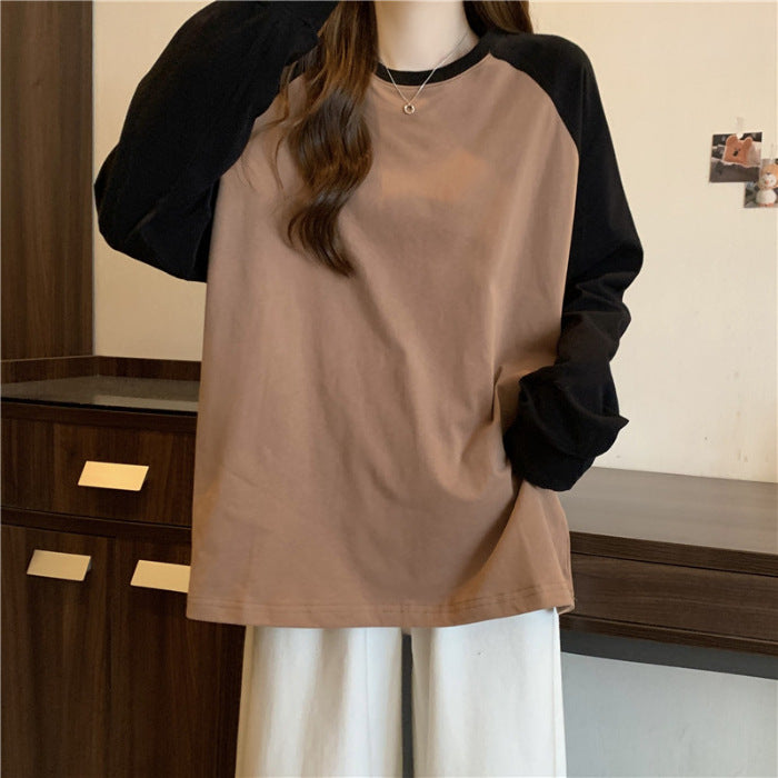 Loose Long Sleeve Women's Color-blocked Raglan Round Neck