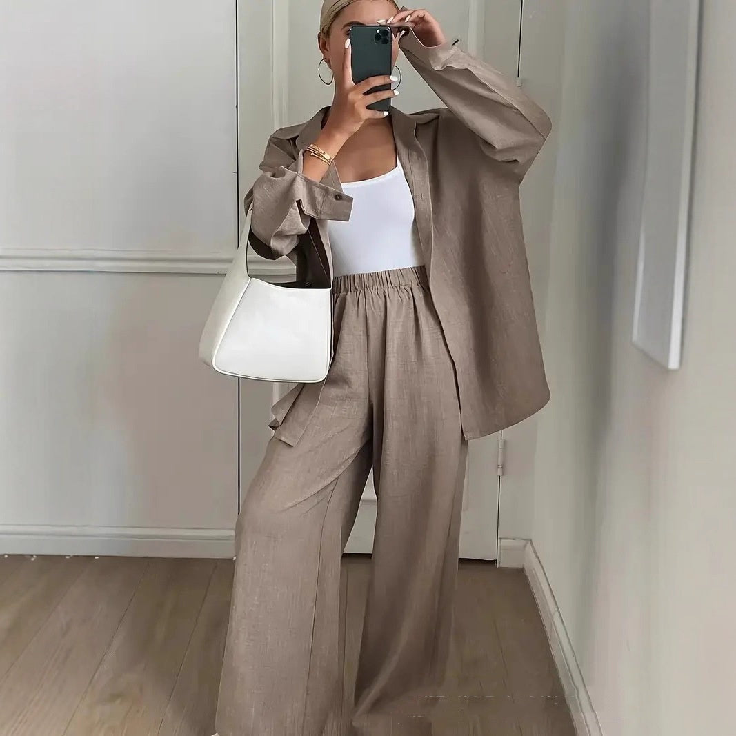 Loose Profile Long Sleeve Shirt High Waist Drooping Wide Leg Pants Two-piece Set