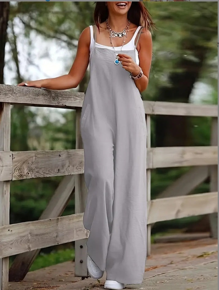 Fashion Casual Women's Pocket Cotton Linen Sleeveless Jumpsuit