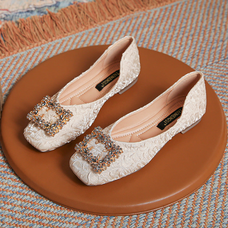 Women's Flat Bottom Shallow Mouth Square Toe Soft Leather Shoes
