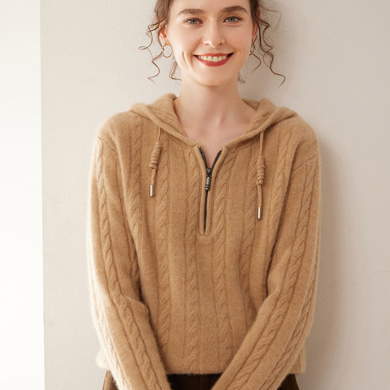 Cashmere Sweater Women's Hooded Twist Half-open Collar Sweater