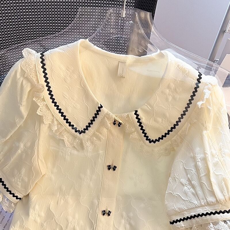 Design Sense Niche Lace Sweet Chic French Puff Sleeve Top