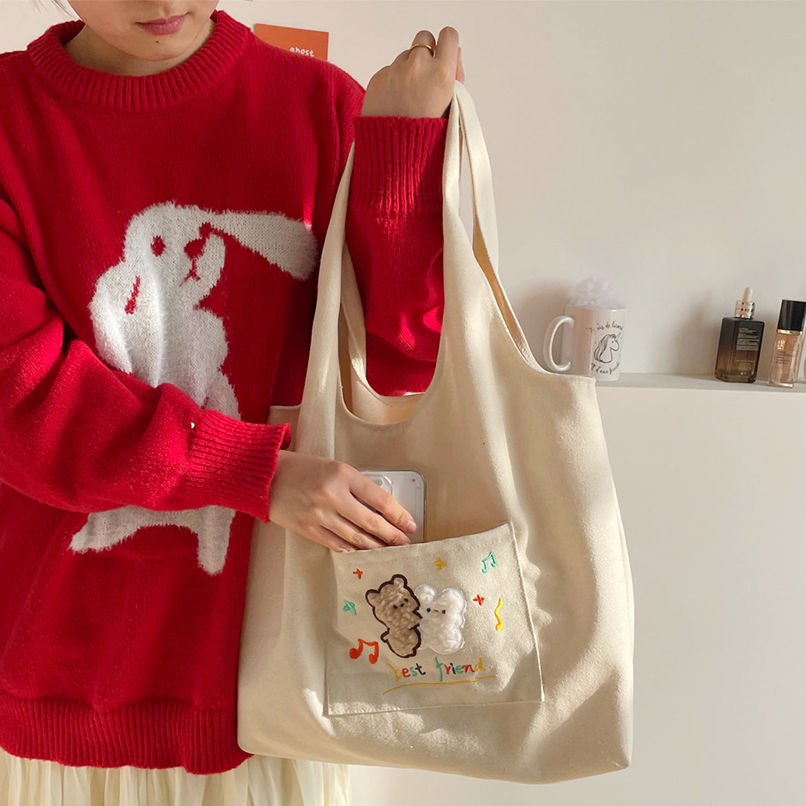 Embroidered Canvas Large Capacity Shopping Bag