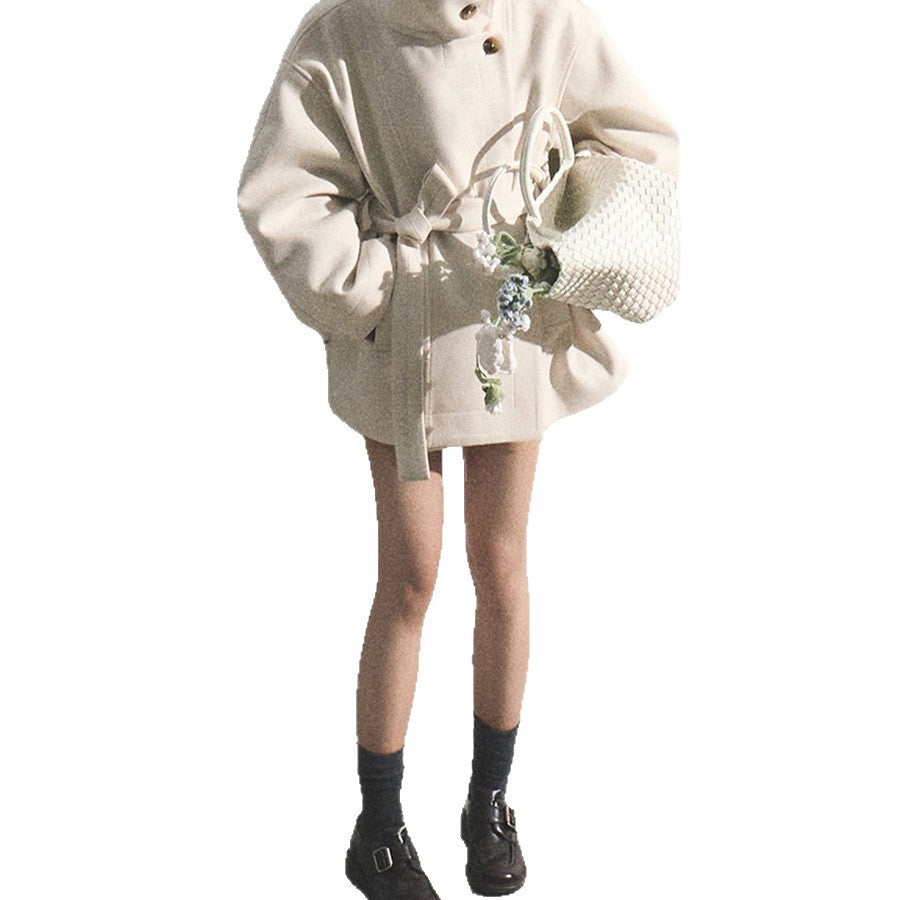 Womens Wool Coat With A Stand Collar And A Defined Waist