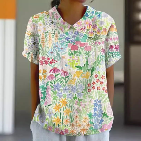 Kvinders blomstret broderi national stil print revers kortærmet