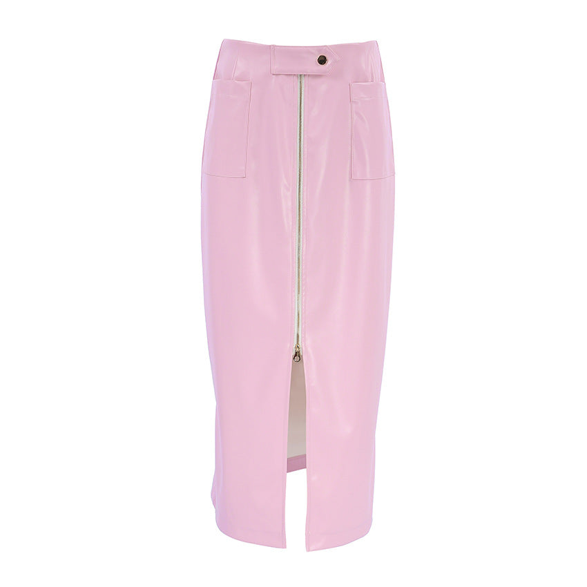 Autumn Winter Retro Matte Casual Leather Split Skirt