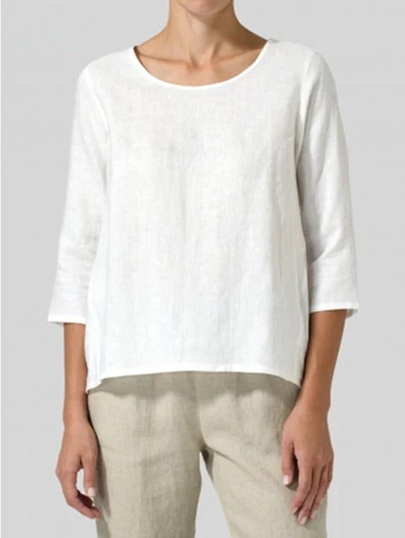 Cotton And Linen Plus Size Women's Clothing 34 Sleeve Casual Loose-fitting T-shirt