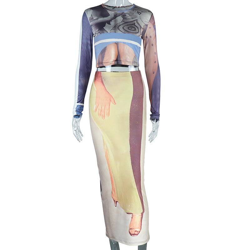 Round Neck Pullover Print Slim Skirt Suit