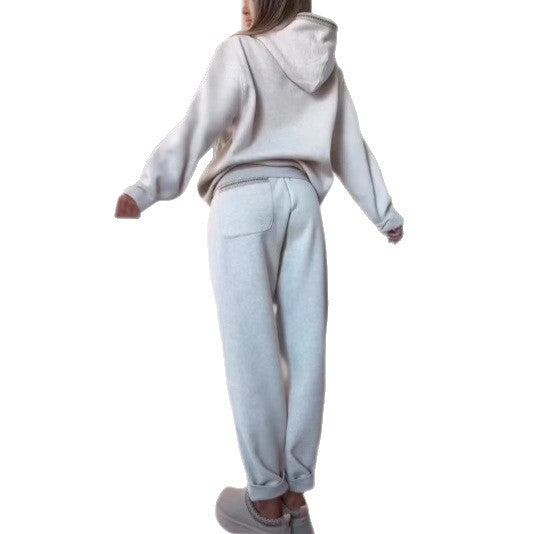 Lace-trimmed Kangaroo Pocket Hoodie And Elastic Waistband Sweatpants Set