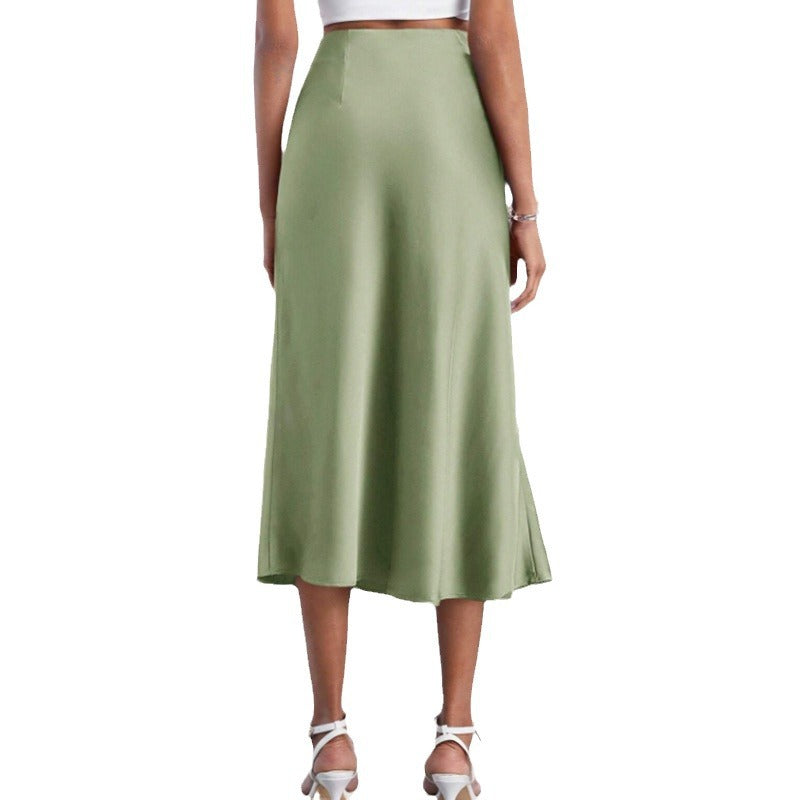 High-waist Satin Skirt, Slit Long Skirt, Satin Midi Skirt, Spring New Style