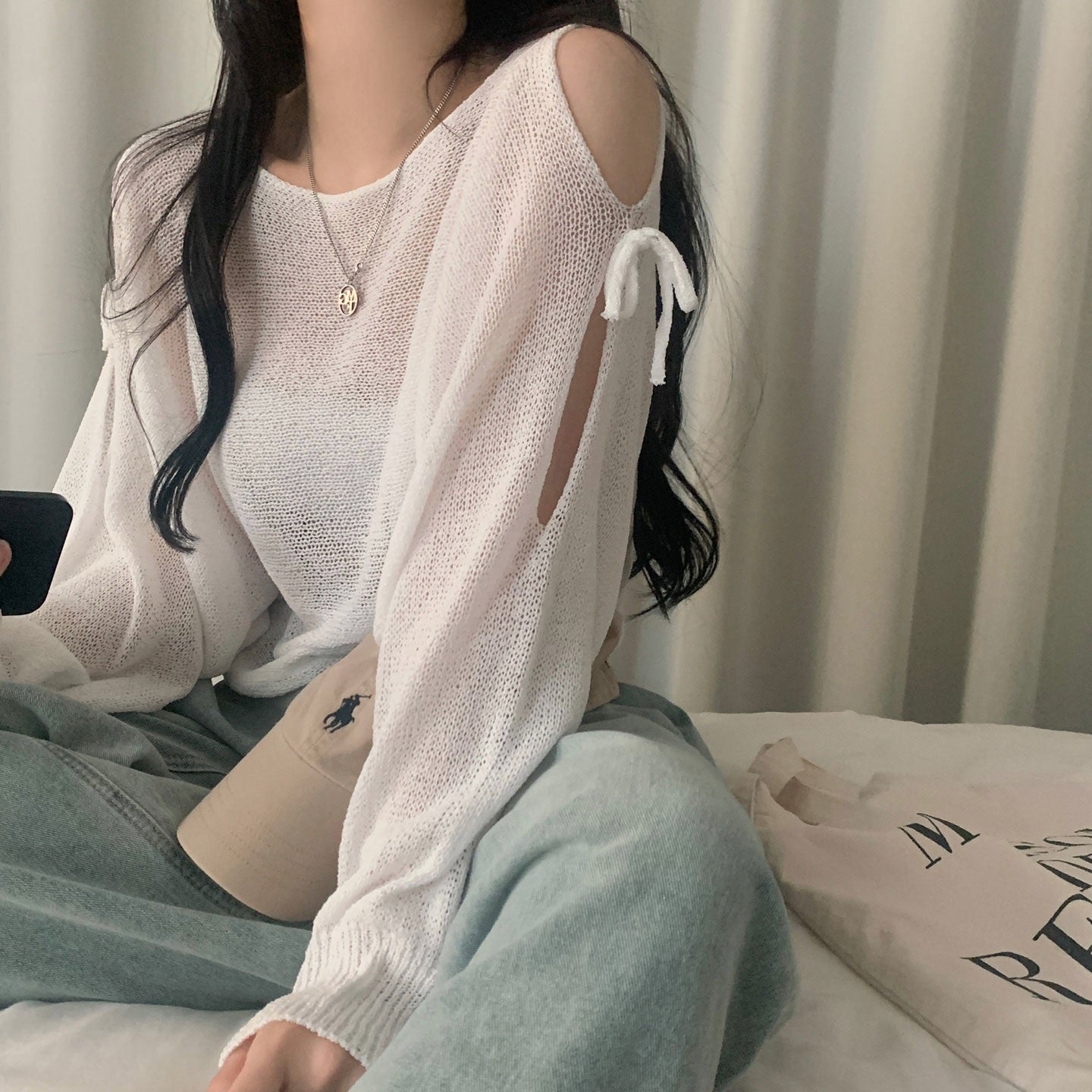 Lace-up Cutout Off-shoulder Loose Sun Protection Sweater Top