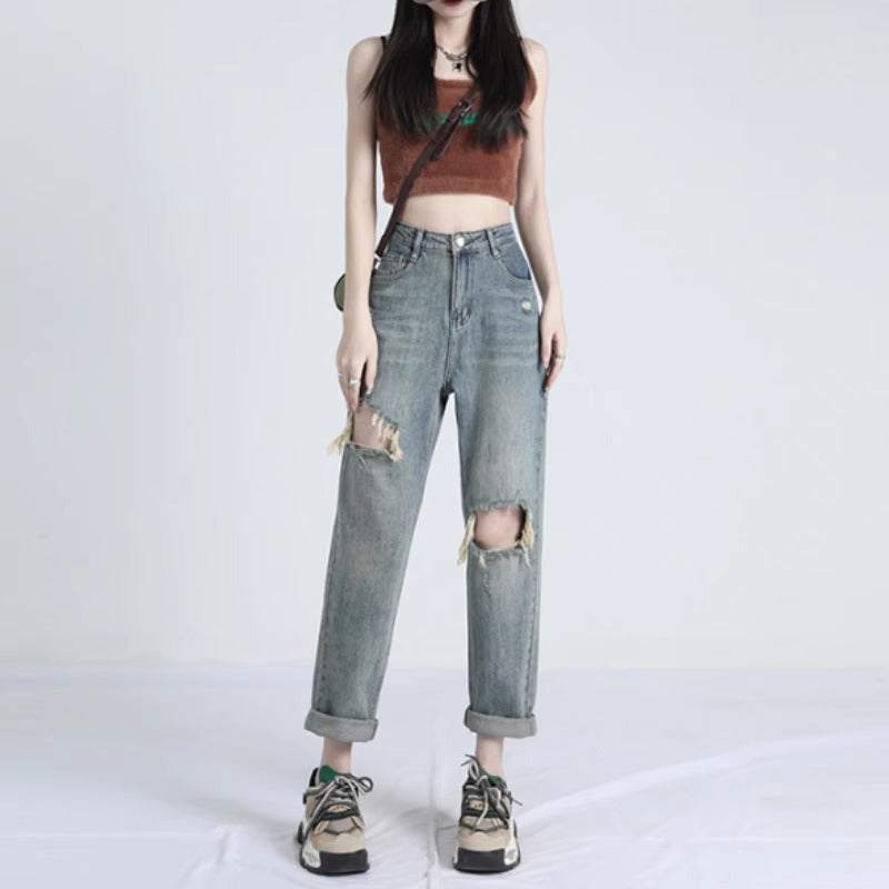 Ripped Daddy Jeans For Women Spring And Autumn New High Waist Loose Small