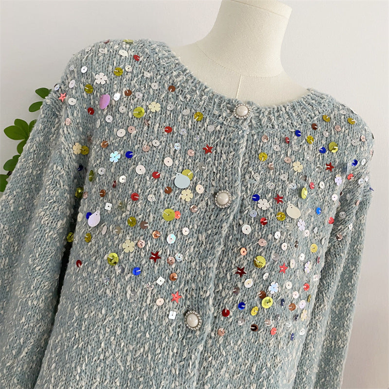 Sweet Design Idle Style Sequined Sweater For Women Spring And Autumn New Knitted Cardigan Outerwear Top