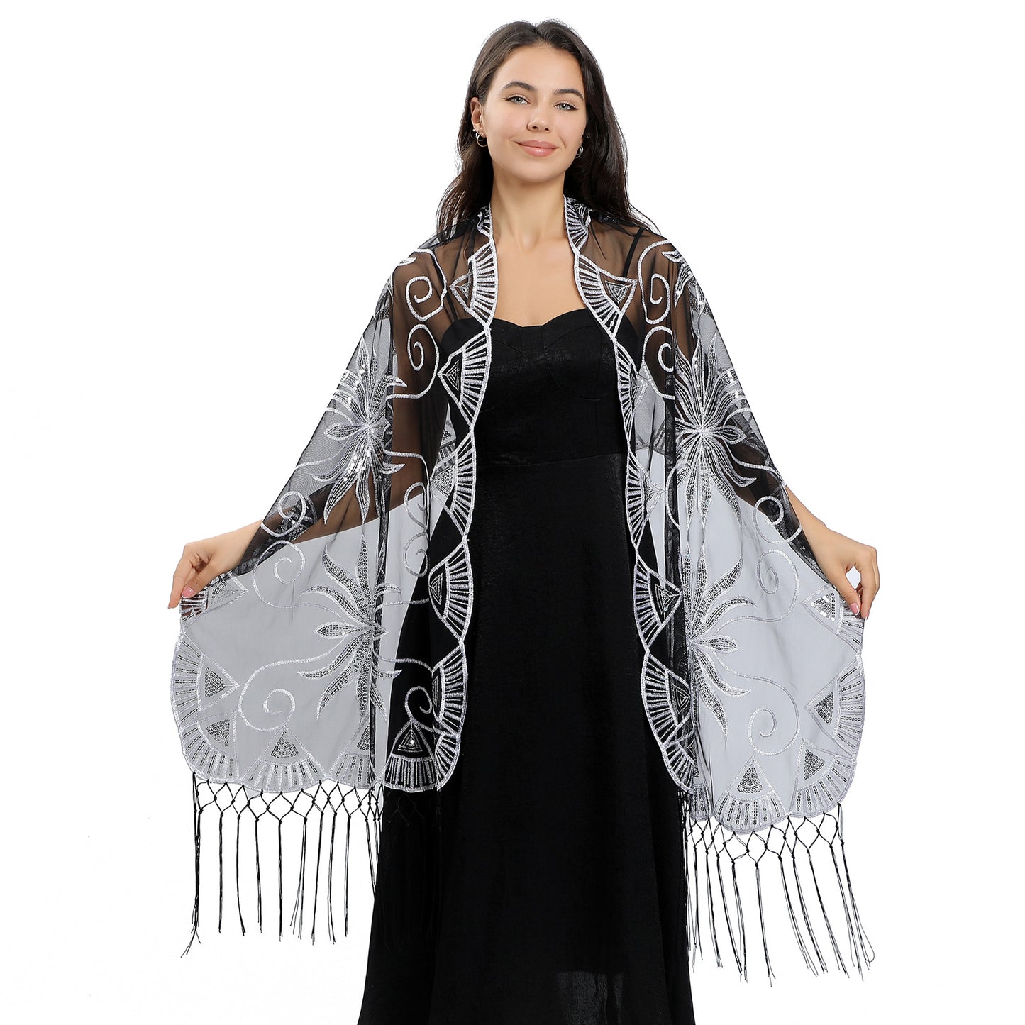 Long Sequined Embroidered Feather Shawl