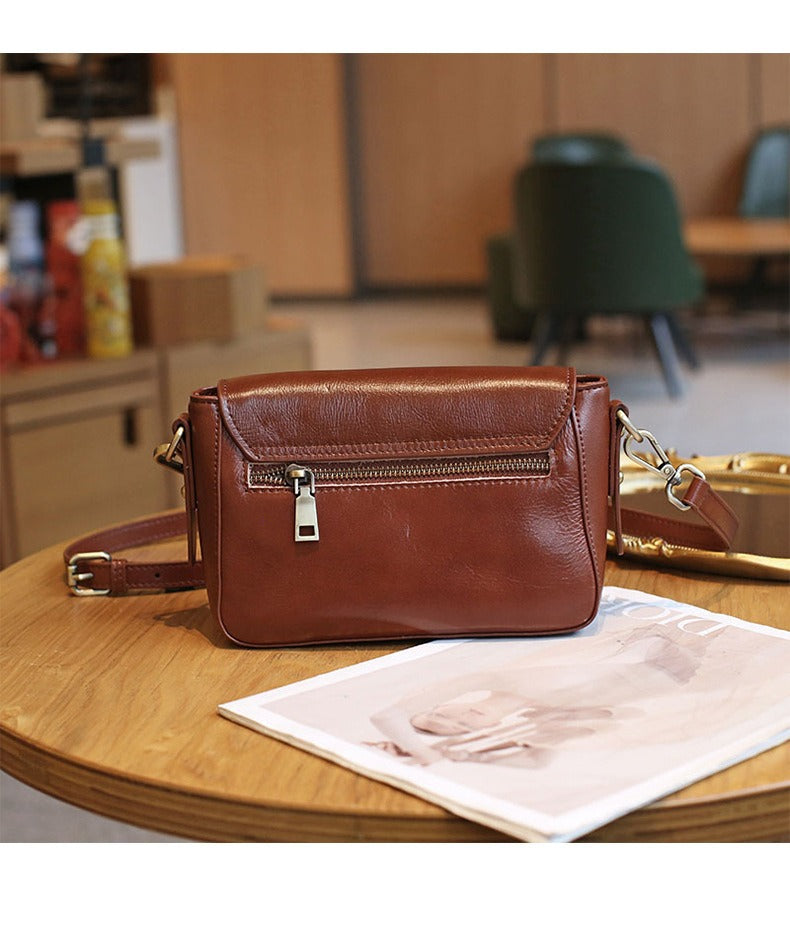 Retro Easy Matching Casual Crossbody Top Layer Vegetable Tanning Leather Shoulder Small Square Bag
