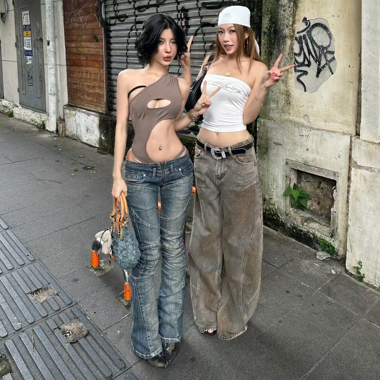 Heavy-duty High-street-style Patchwork Split-design Long Denim Jeans