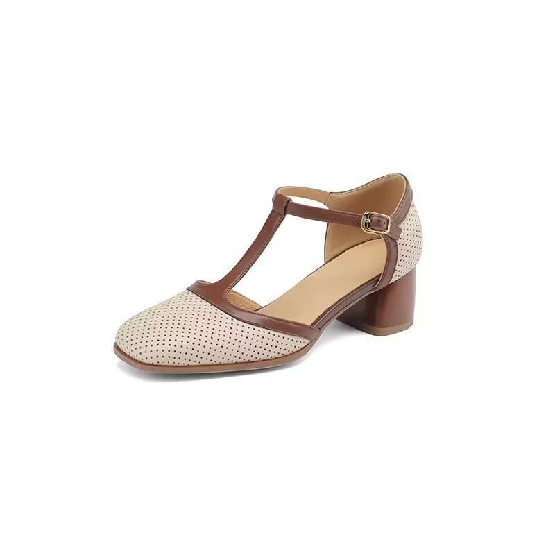 Hole Sandals Female Summer Retro Style Color Block Chunky Heel Pumps