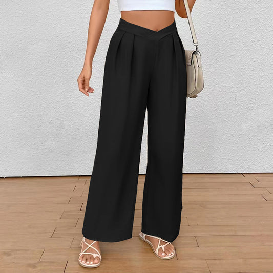 Leisure Trousers Solid Color Cross Waist Commuter Straight Trousers