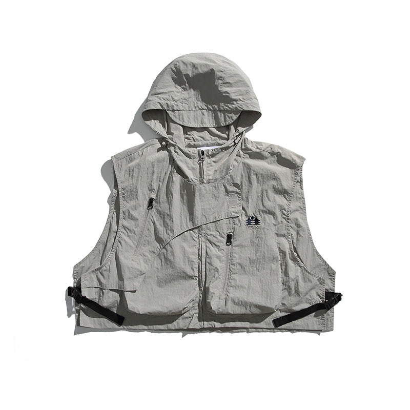 College Style Loose Hooded Windproof Fishing Vest Jacket