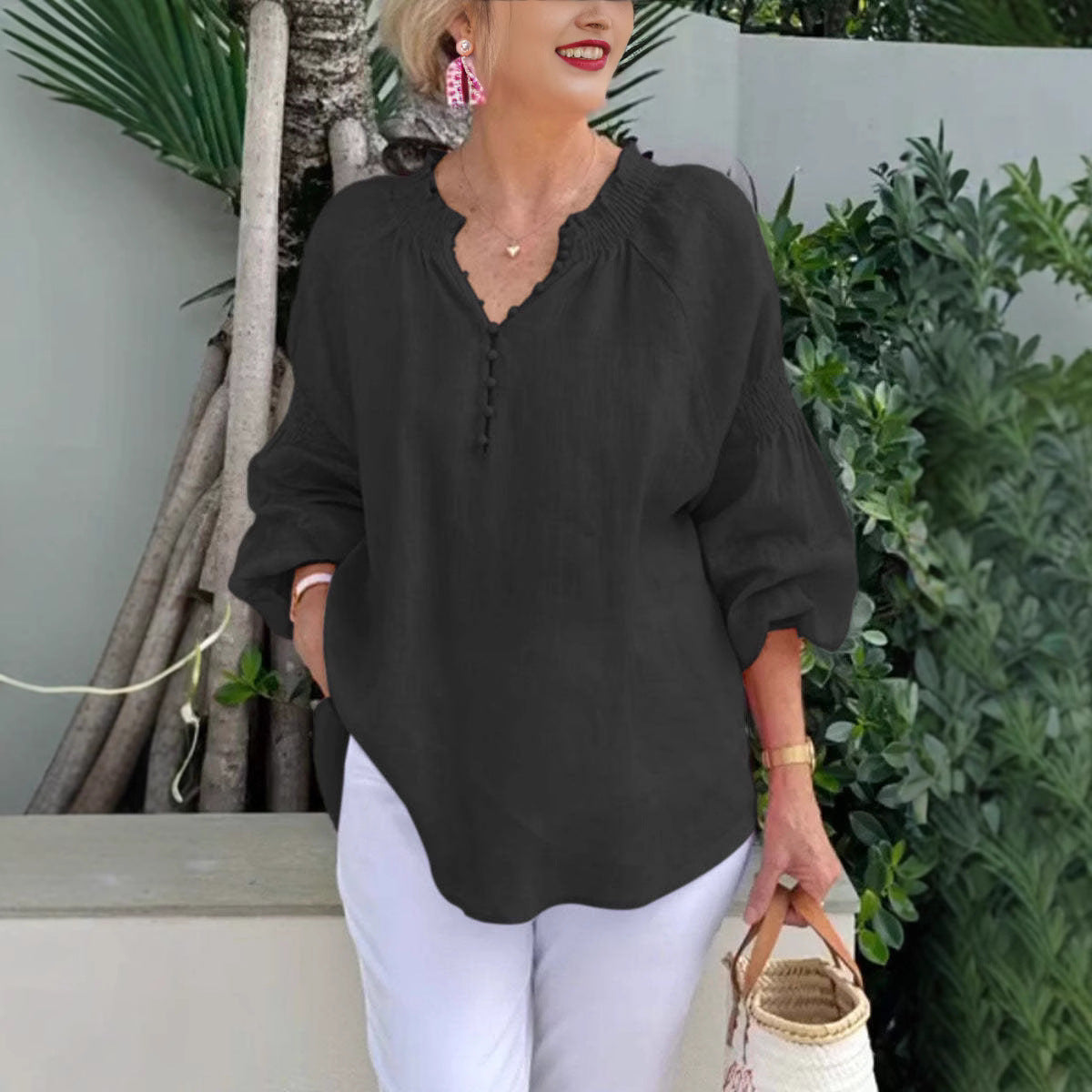 Womens Casual V-Neck Solid Color Cotton-Linen Long-Sleeve Top