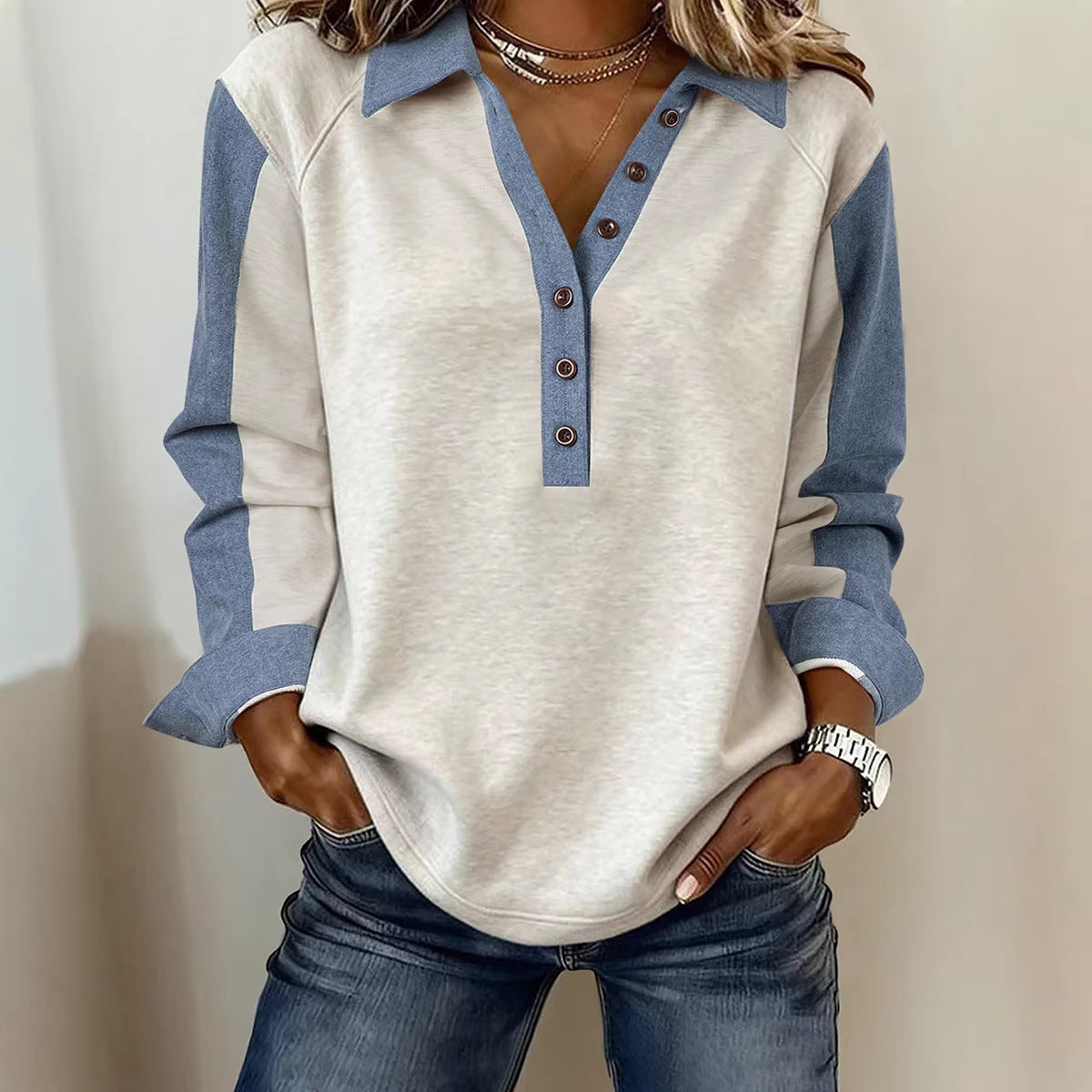 Womens Multi-color Loose-fitting Figure-flattering Long-sleeve Top