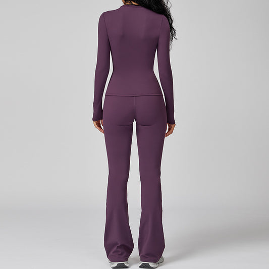Womens Solid-Color Brushed Fabric Bodycon Back-Slimming Long-Sleeve Top And Pants Set
