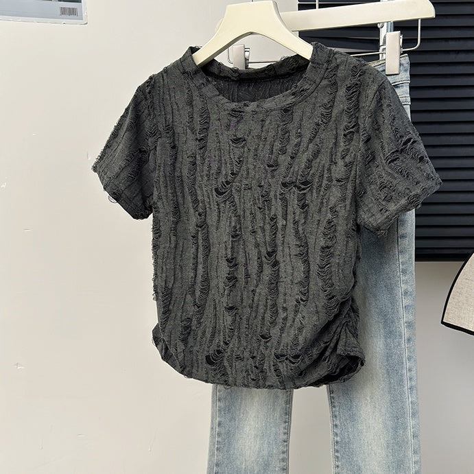 Niche Design Hollow Out Ripped Distressed Short Sleeve