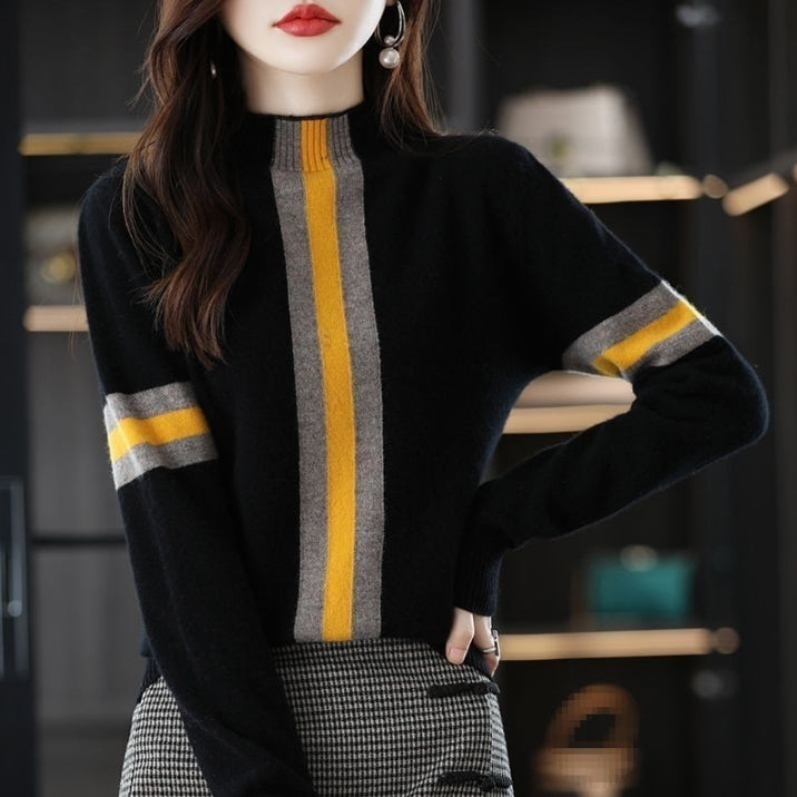 Women's Semi-High Neck Color-Block Elegant Knit Sweater