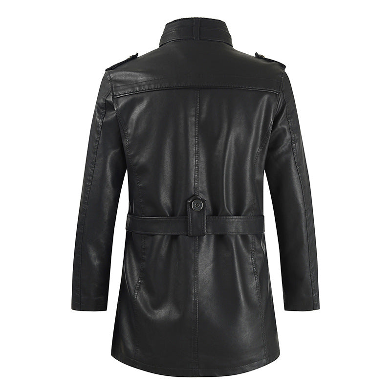 Men's Medium Long Leather Coat Korean Stand Collar Slim Large Leather Windbreaker Coat