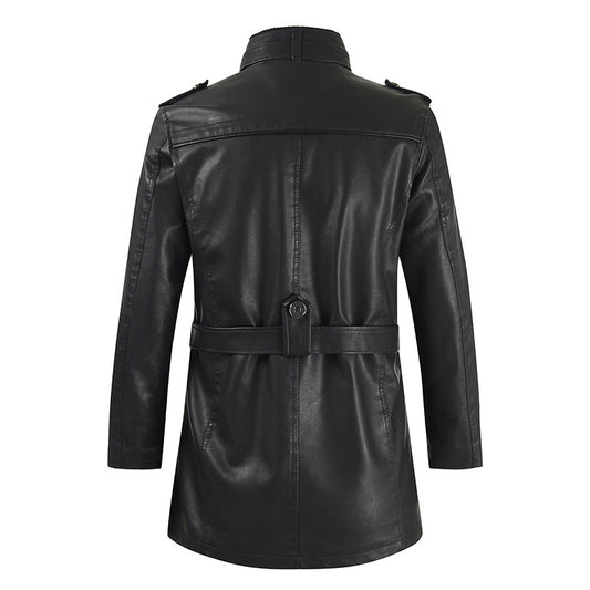 Men's Medium Long Leather Coat Korean Stand Collar Slim Large Leather Windbreaker Coat