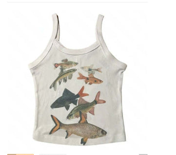 Abstract Goldfish Printed Square Collar Personality Slim Fit Sling