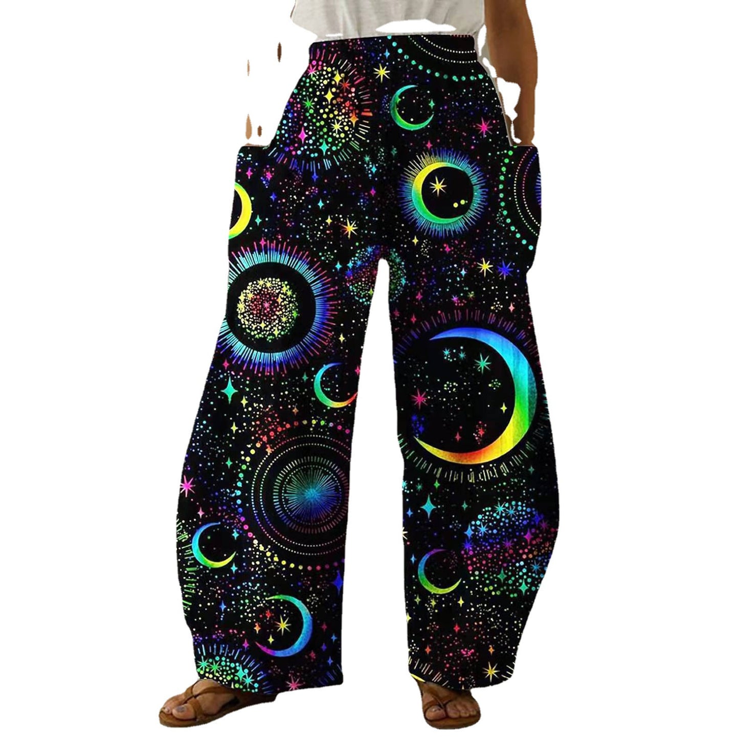 Summer Retro Elements 3D Printed Wide-leg Trousers Elastic Waist Comfortable Home European And American