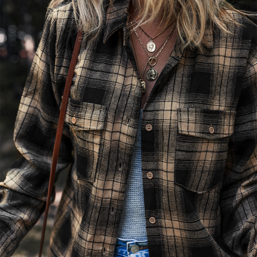 Women's Multi-color Retro Plaid Double-layer Flip Pocket Shirt