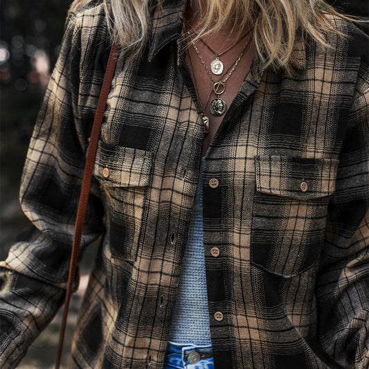 Women's Multi-color Retro Plaid Double-layer Flip Pocket Shirt