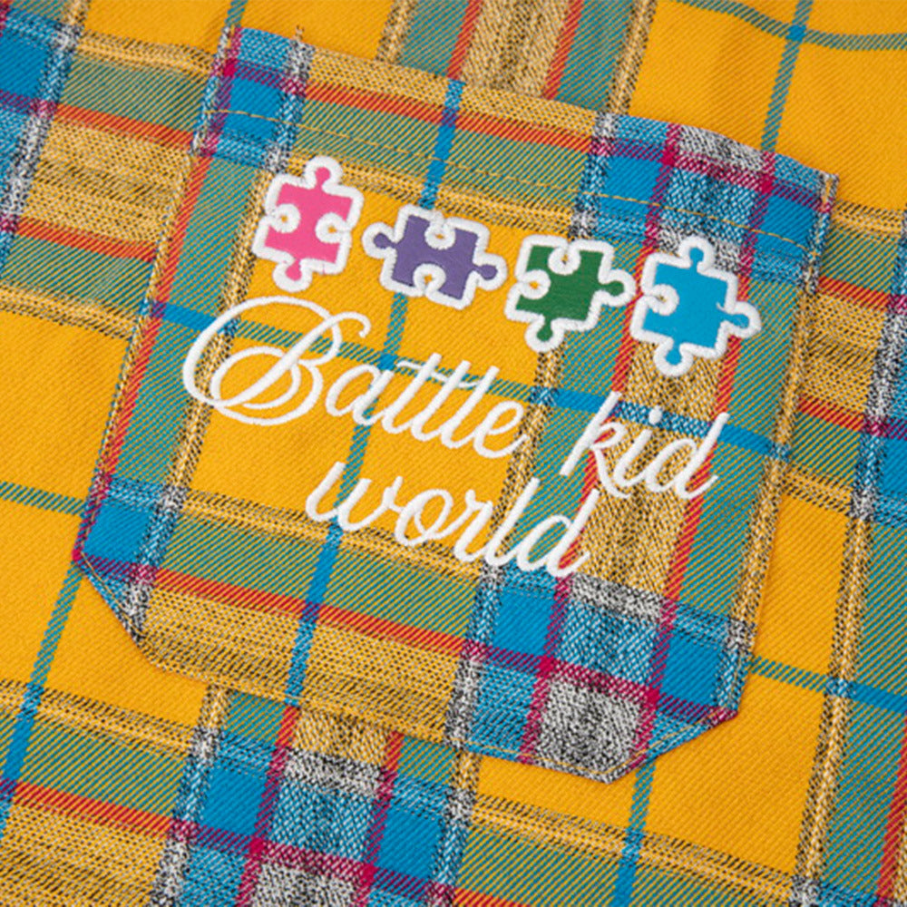 Contrast Color Veneer Puzzle Embroidery Long Shirt Lapel