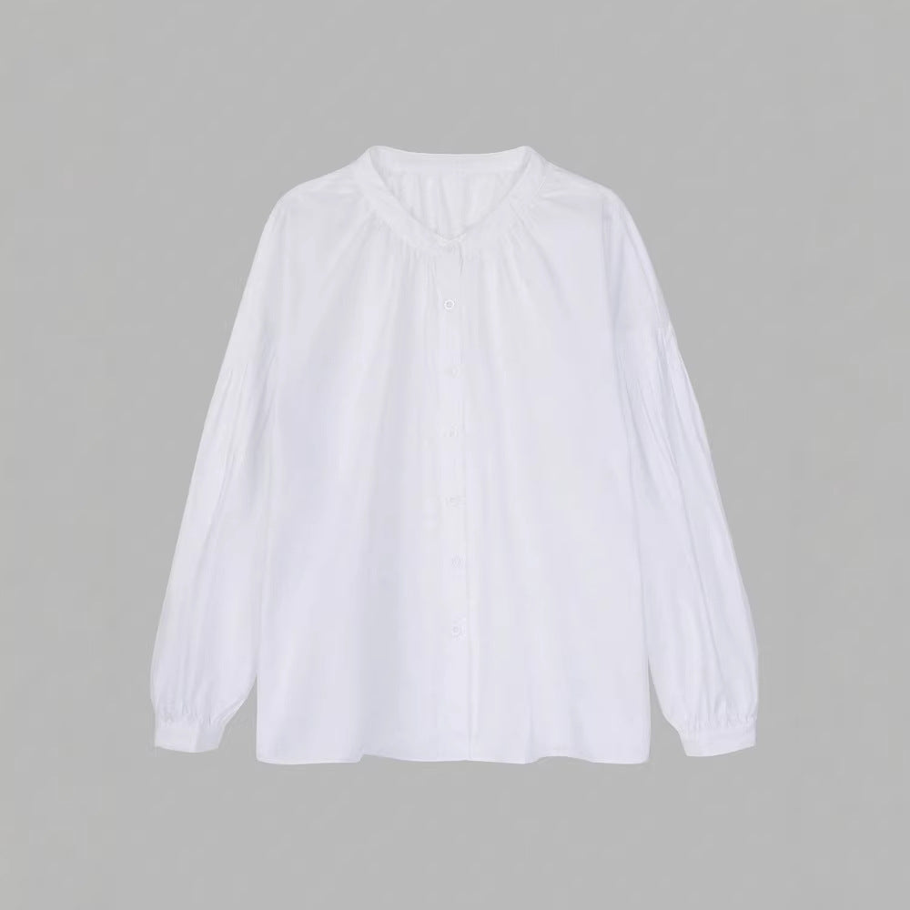 Womens Solid Color Crew Neck Loose Single Breasted Long Sleeve Shirt