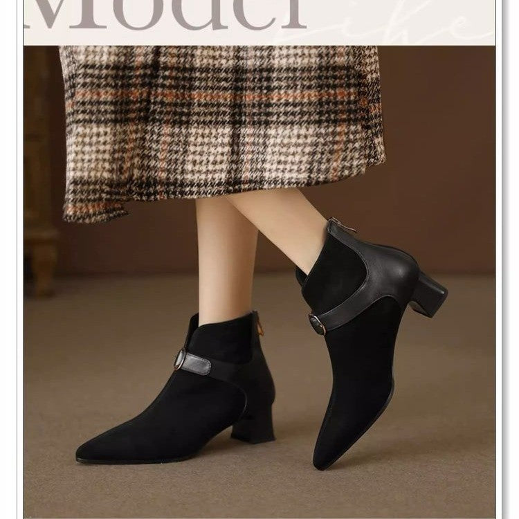 Pointed-toe Suede Belt-strap Mid-heel Ankle Boots