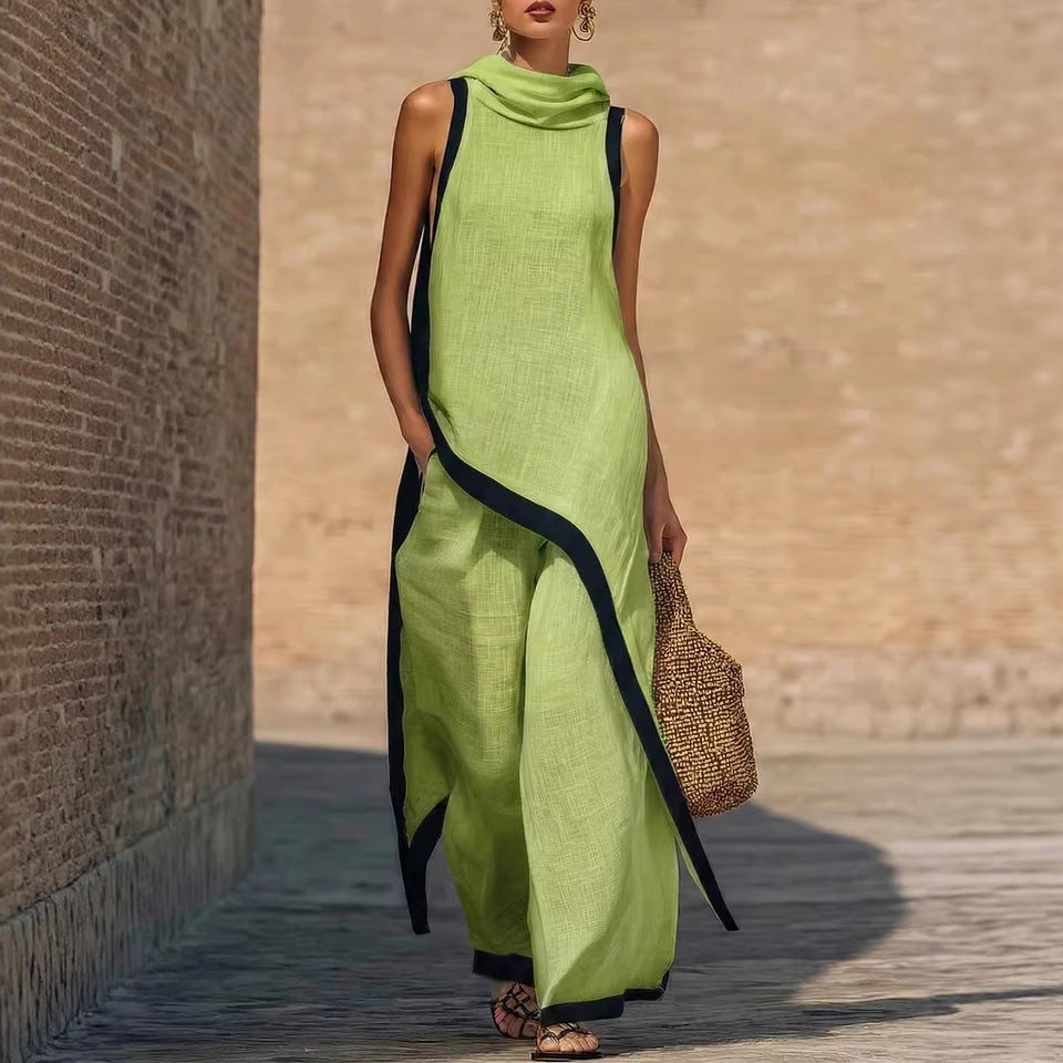Irregular-cut Hooded Sleeveless Set