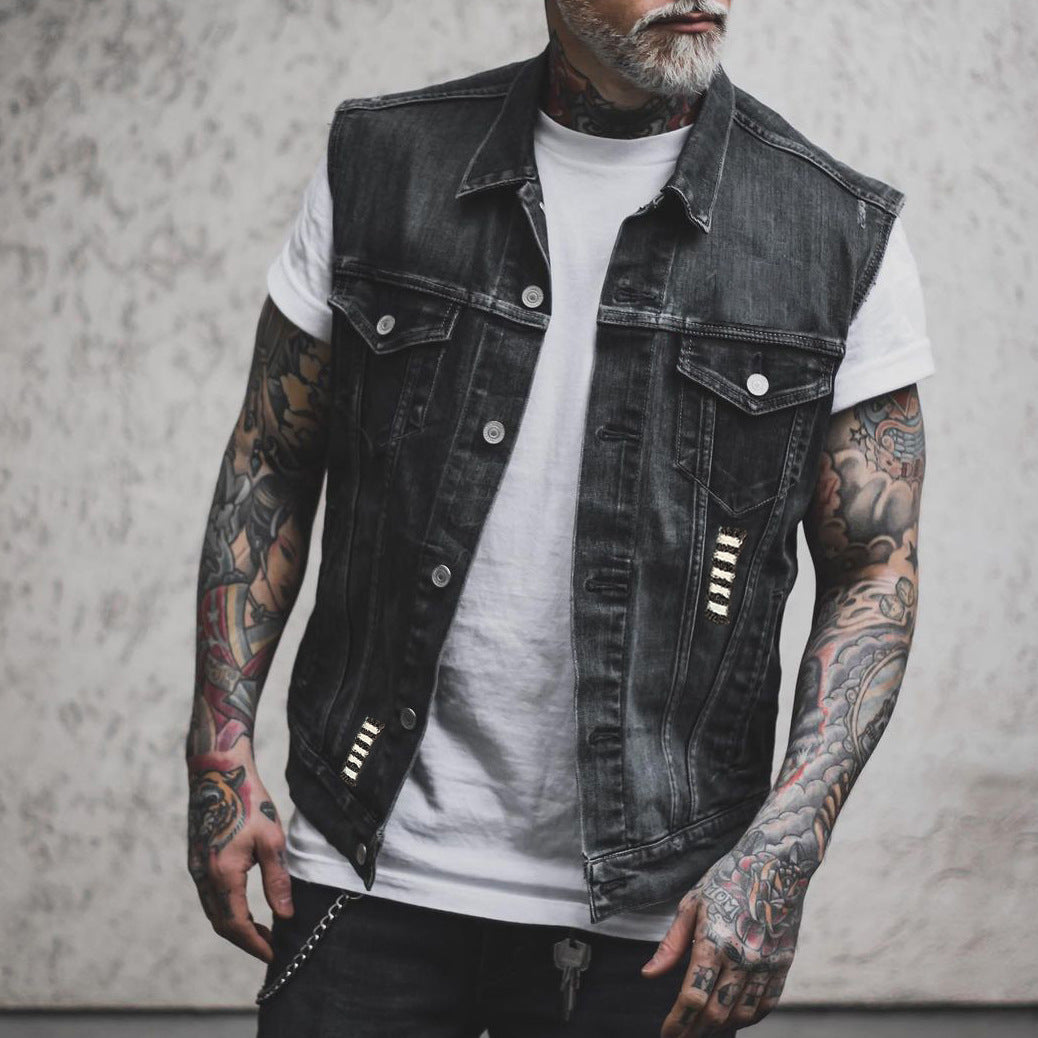 Casual Fashion Motorcycle Bone Print Men's Denim Vest