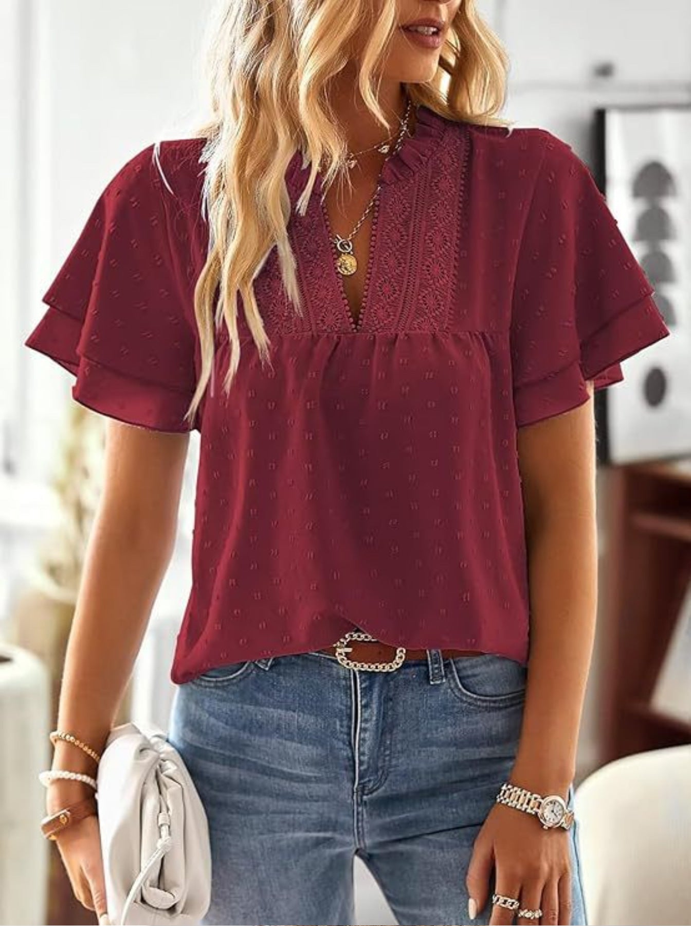European And American Elegant Resort Style Deep V-Lace Short-Sleeve
