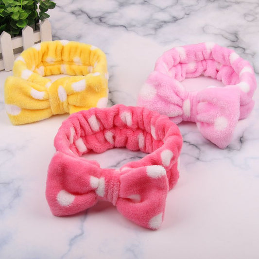 Coral Velvet Bow Polka Dot Face Wash Headband