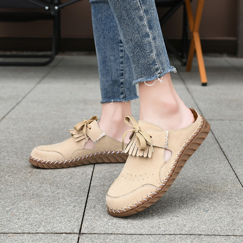 Retro Lace Up Closed Toe New Handmade Stitching Women's Half Slippers